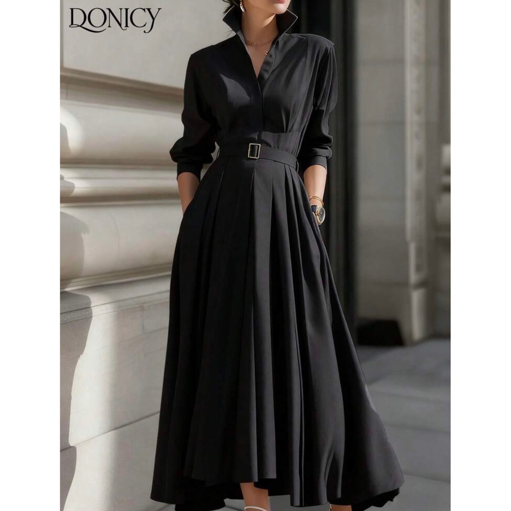 Donicy Black Belted Maxi Shirt Dress Pleated Long Sleeve Button Front Elegant